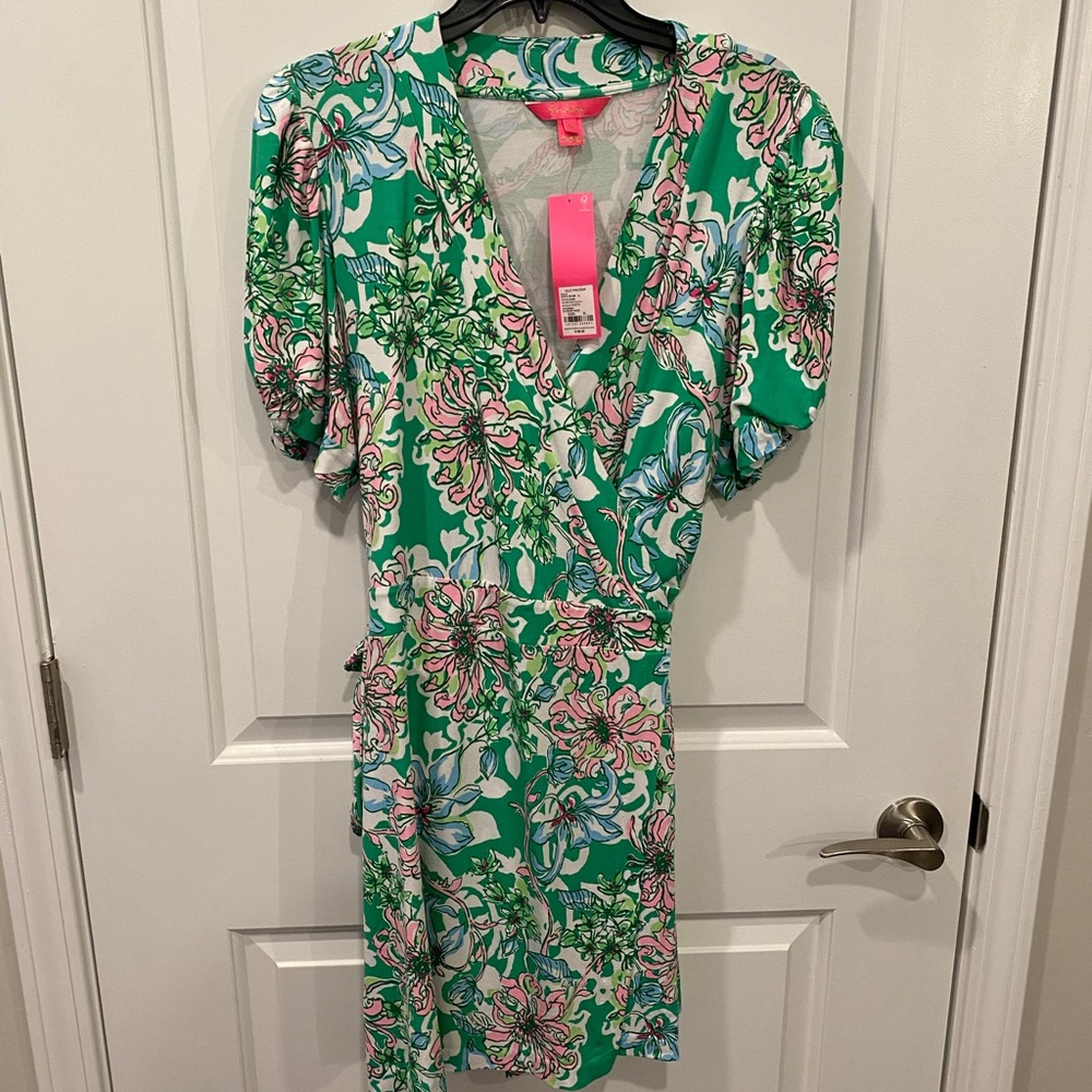 Lilly Pulitzer Green and White Puff Sleeve Romper- Size XL